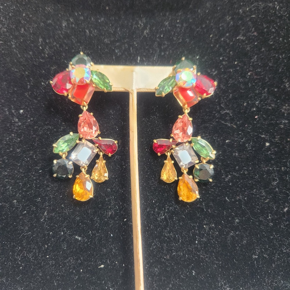 Multi Color J Crew Chandelier Drop Earrings Gold Tone Statement Jewelry Boho - Picture 3 of 9